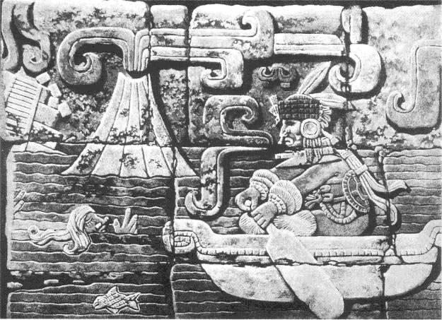 This artwork was once part of the ancient Mayan city of Tikal in Guatemala. Most likely it depicts the demise of Atlantis. A German archaeologist took it to Germany, where it disappeared under suspicious circumstances (as often happens with discoveries that don't fit well within the prevailing opinion in science)