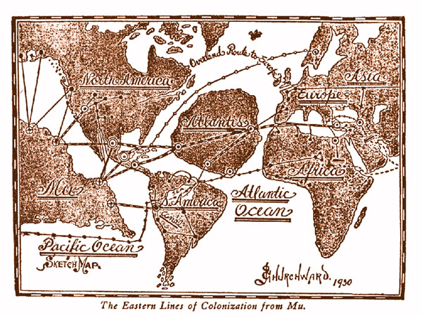 Grov skiss över var Atlantis och Mu (Lemurien) var belägna på en gammal karta