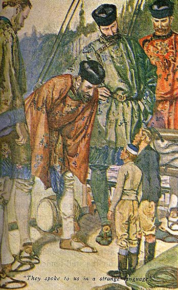 Olaf Jansen och hans far beskådas nyfiket av jättarna från Agartha
